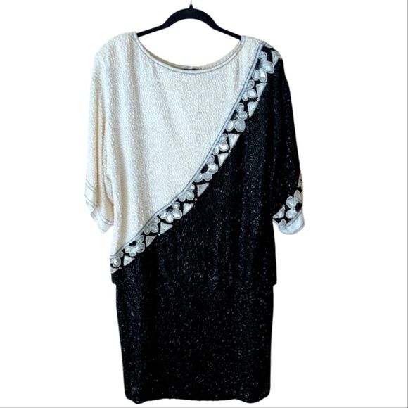 Vintage Bob Mackie Beaded Sequin Silk Rare Black White Drop Waist Dress‎ Size 10